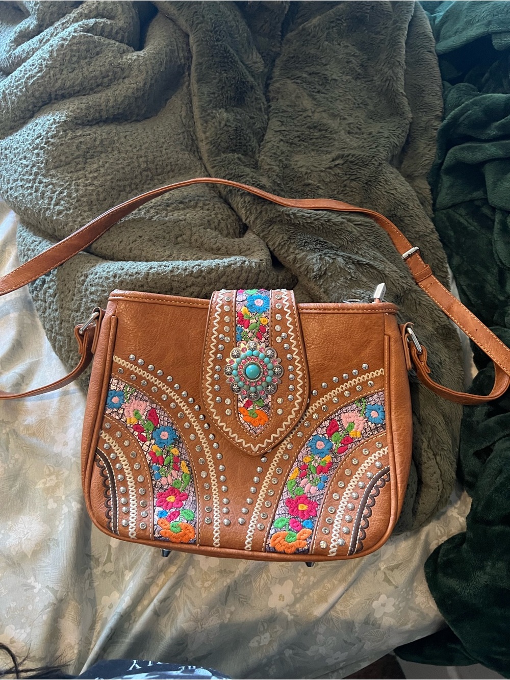 Montana West Brown Crossbody Bag with Colorful Embroidery and Turquoise Accent
